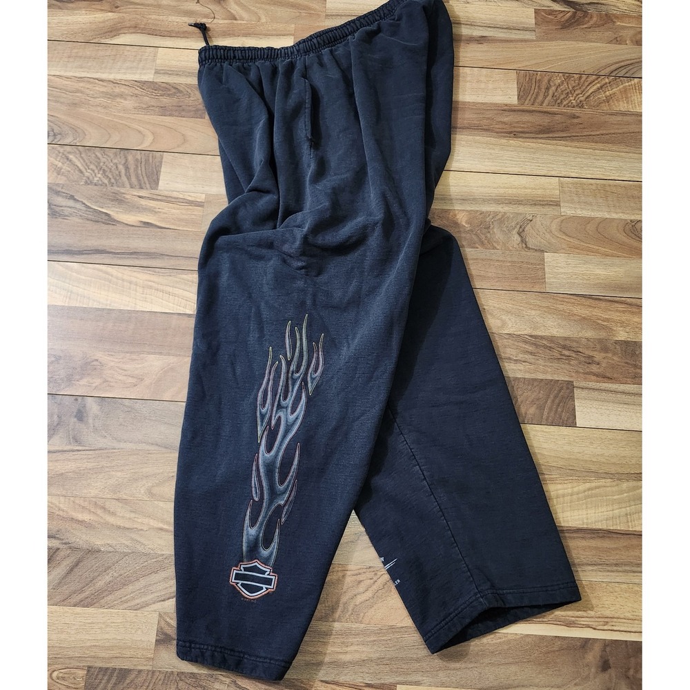 VTG Harley-Davidson Striking Flames Graphic Sweatpants Black Loose Fit Size XL - Picture 2 of 16
